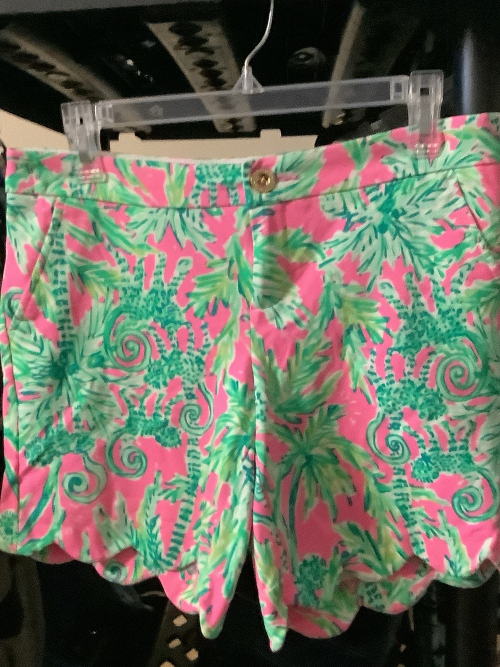 Lilly Pulitzer Pink & Green Palm-Print Scallop Hem‎ Darci Shorts, Prosecco Pink